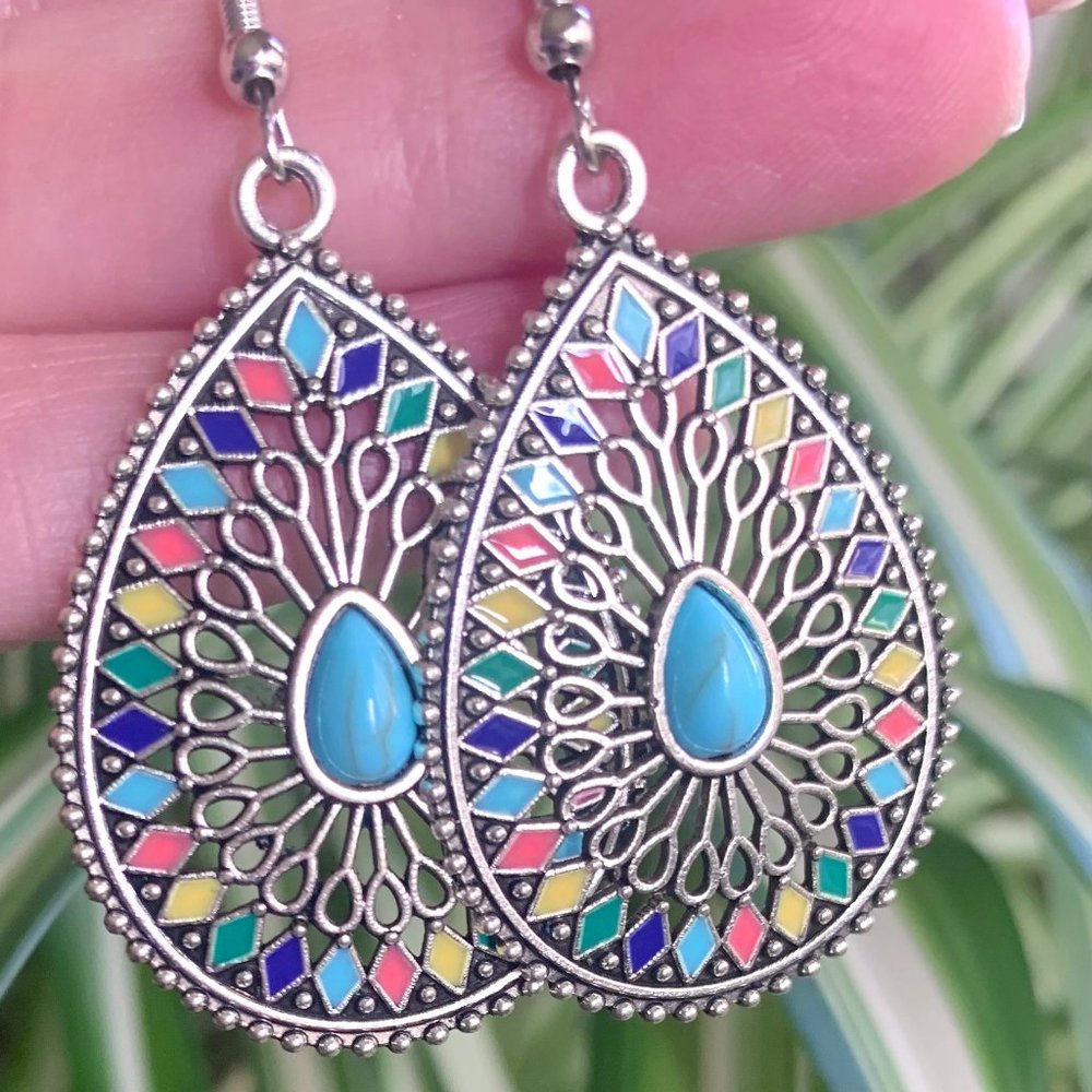 Silver Turquoise Bead Pink Multicolor Ornate Cut Out Teardrop Dangle Earrings